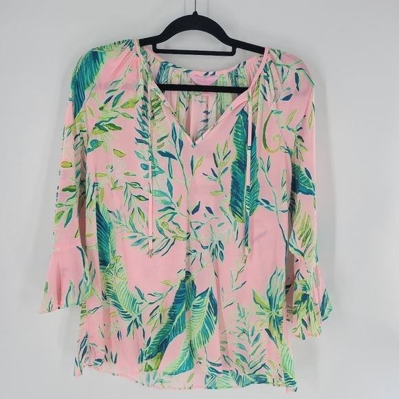 Lilly Pulitzer Willa Women’s Small CHIMPOISERIE Flounce Shirt Top Tropic New - Picture 1 of 5